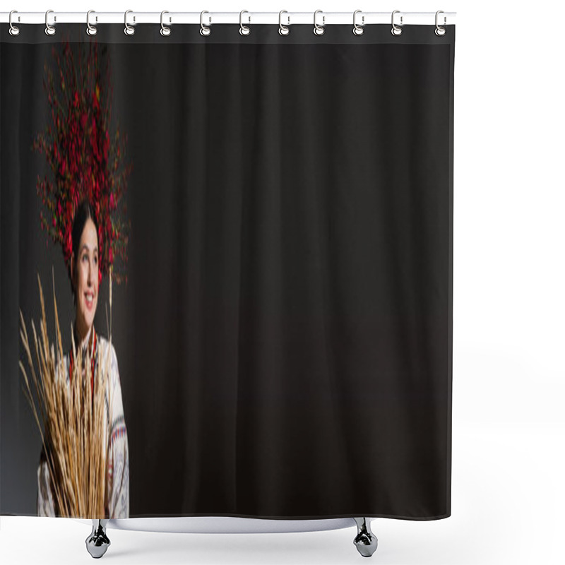 Personality  Happy And Young Ukrainan Woman In Floral Wreath With Red Berries Holding Wheat Spikelets On Black, Banner Shower Curtains