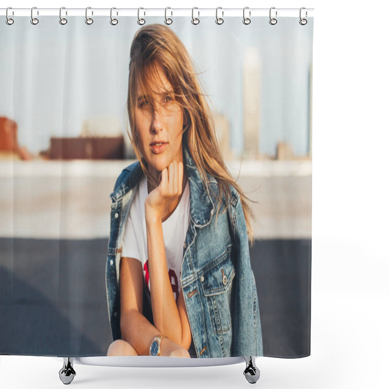 Personality  Beautiful Blonde In Denim Jacket With Skateboard Shower Curtains