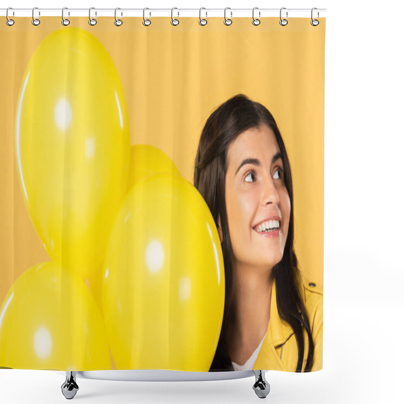 Personality  Happy Girl Holding Yellow Balloons, Isolated On Yellow Shower Curtains