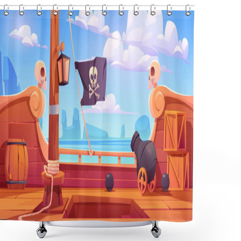 Personality  Pirate Ship Wooden Deck Onboard View With Cannon Shower Curtains