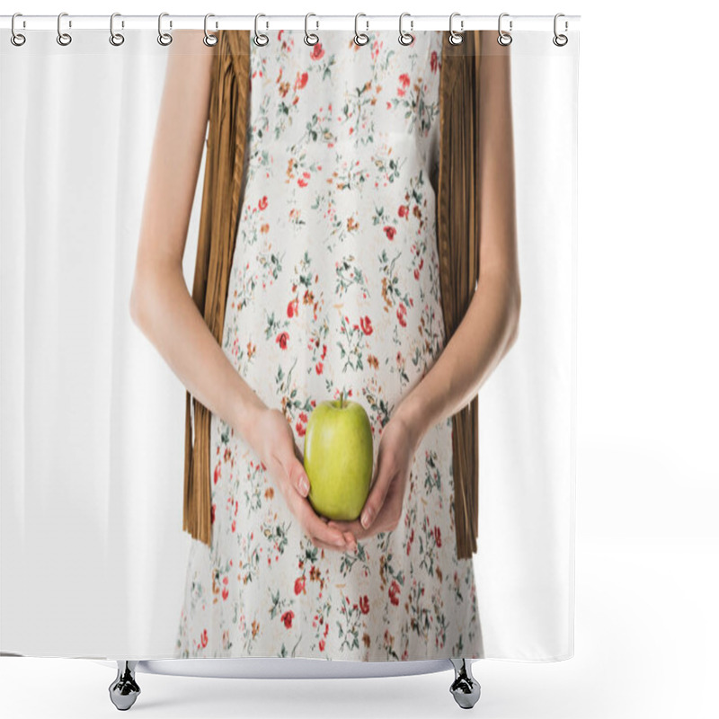 Personality  Cropped View Of Pregnant Woman Holding Green Apple Isolated On White Shower Curtains