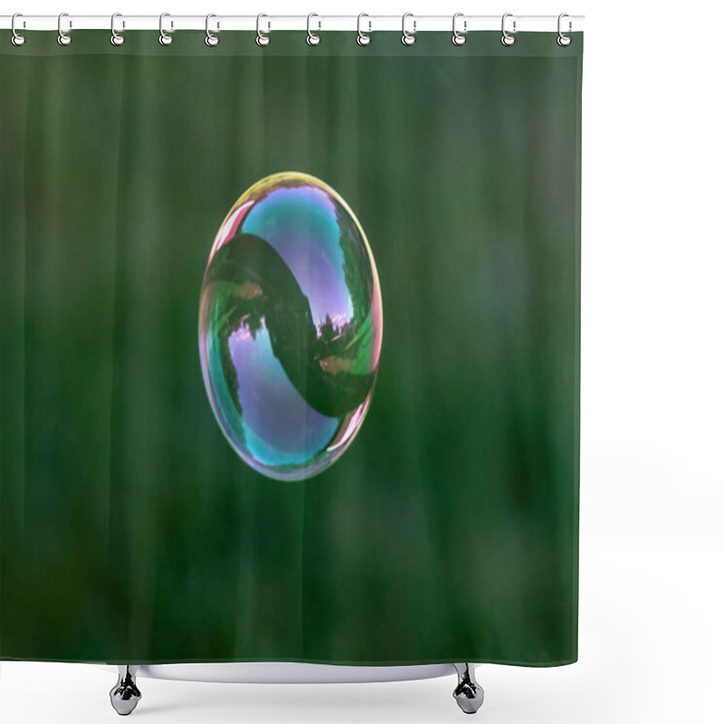 Personality  Close Up Of Flying Soap Bubble With Great Reflections. Flying Over Green Background Shower Curtains