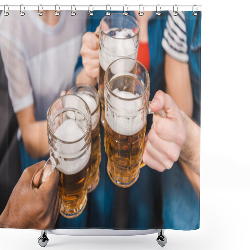 Personality  Close-up Partial View Of Young Friends Holding Glasses Of Beer In Hands Shower Curtains