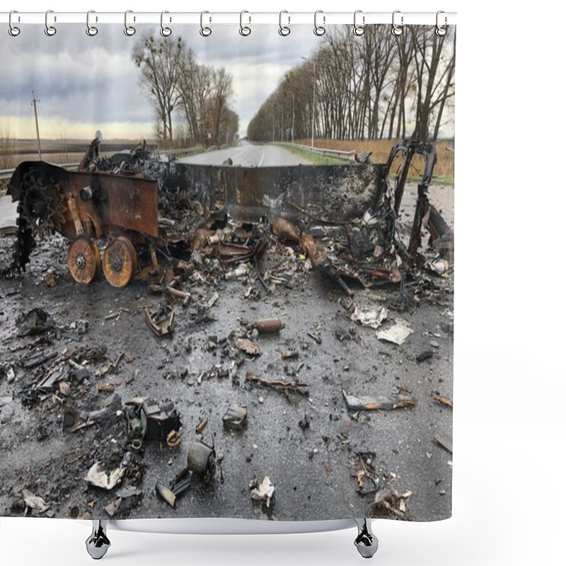 Personality  Borodyanka, Kyiv Region, Ukraine. April 08, 2022: Destruction And Burnt Out Russian Military Vehicle In Borodyanka Shower Curtains