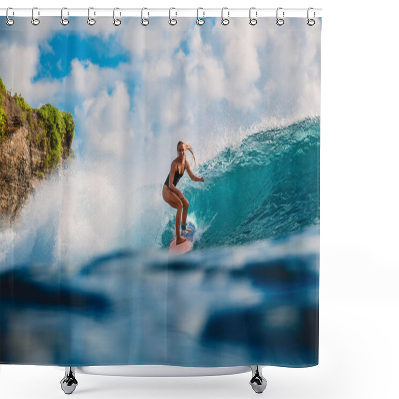 Personality  Professional Surf Girl On Surfboard. Woman In Ocean During Surfing. Surfer And Ocean Wave Shower Curtains