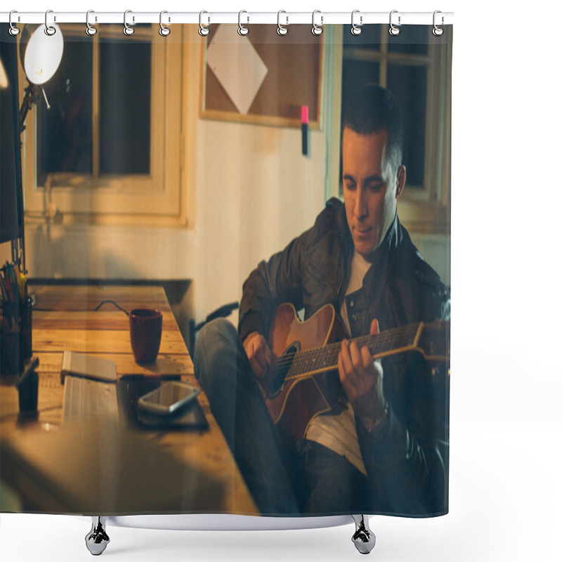 Personality  Man Playing Guitar At Home After Work Shower Curtains