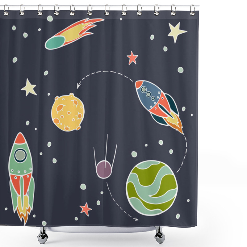 Personality  Set Of Cartoon Space Elements Shower Curtains