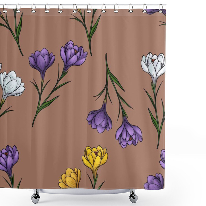 Personality  Seamless Pattern Of Spring Crocuses In Purple, White, And Yellow In Big Design On Mocha Mousse Background For Textiles And Decorative Uses Shower Curtains