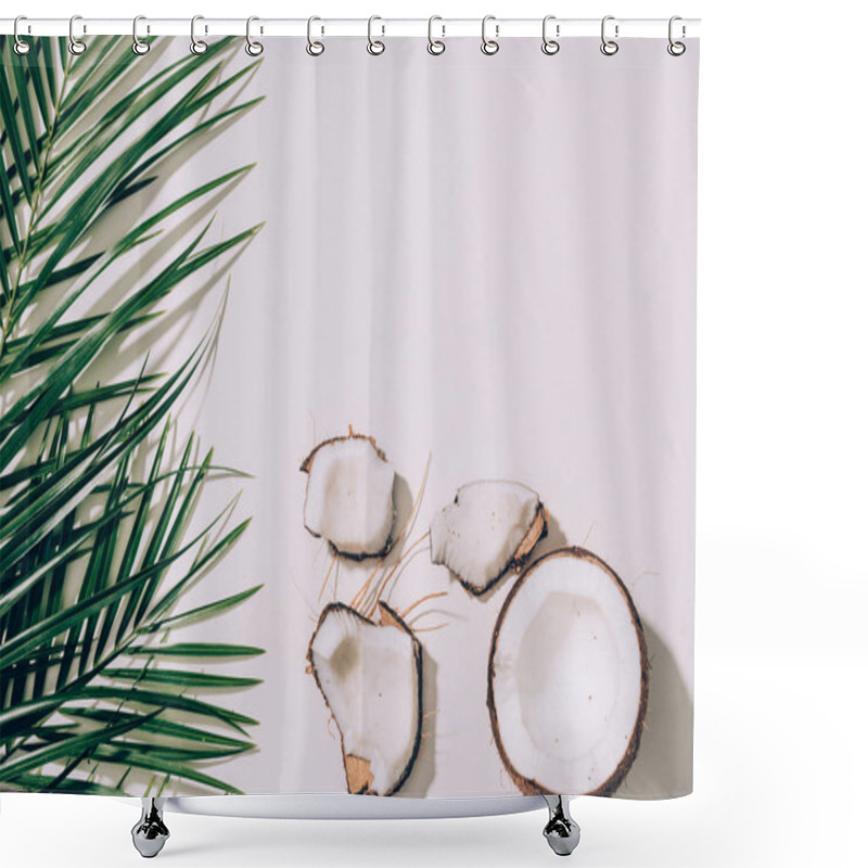 Personality  Pieces Of Organic Healthy Coconut And Green Palm Leaves On White   Shower Curtains