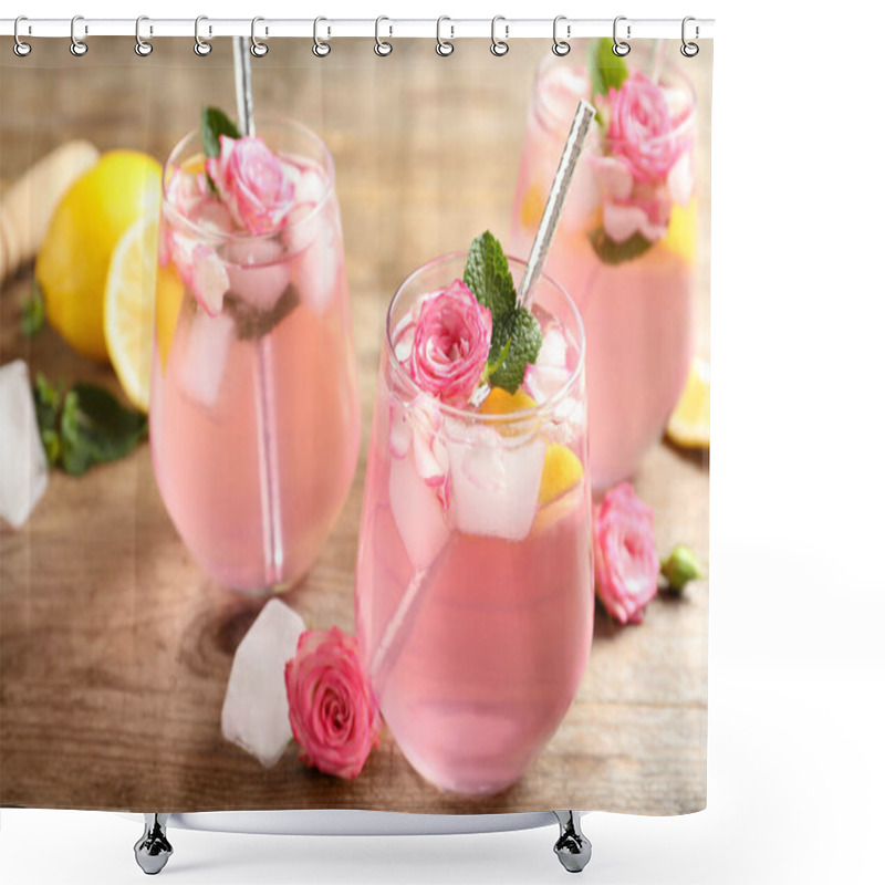 Personality  Delicious Refreshing Drink With Rose Flowers And Lemon Slices On Wooden Table, Closeup Shower Curtains