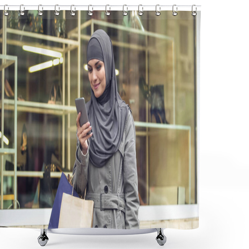 Personality  Happy Arabic Lady Using Online Shopping App For Searching Discounts, Fashion Shower Curtains