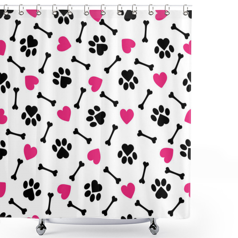 Personality  Cute Dog Paw, Hearts And Dog Bone Pattern - Funny Vector Drawing Seamless Pattern. Lettering Poster Or T-shirt Textile Graphic Design. Cute Illustration. Wallpaper, Wrapping Paper. Shower Curtains