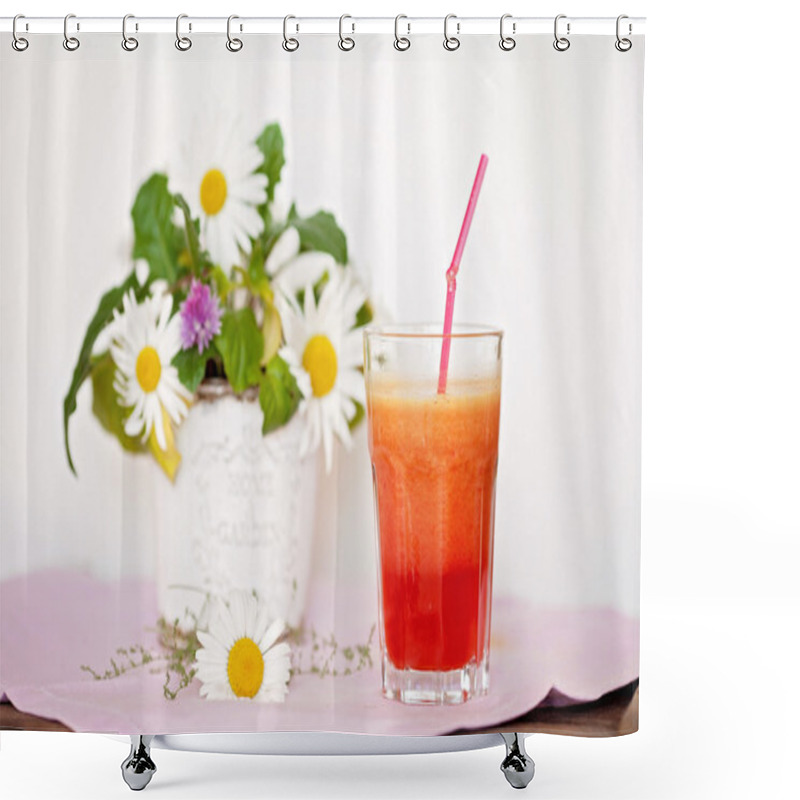 Personality  Strawberry, Orange And Apple Fresh In A Glass With A Lined Straw Shower Curtains