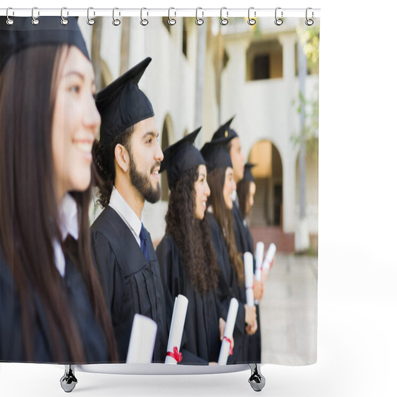 Personality  Group Of College Graduates Posing Receiving Their University Diploma And Smiling Wearing Graduation Gowns And Caps Shower Curtains