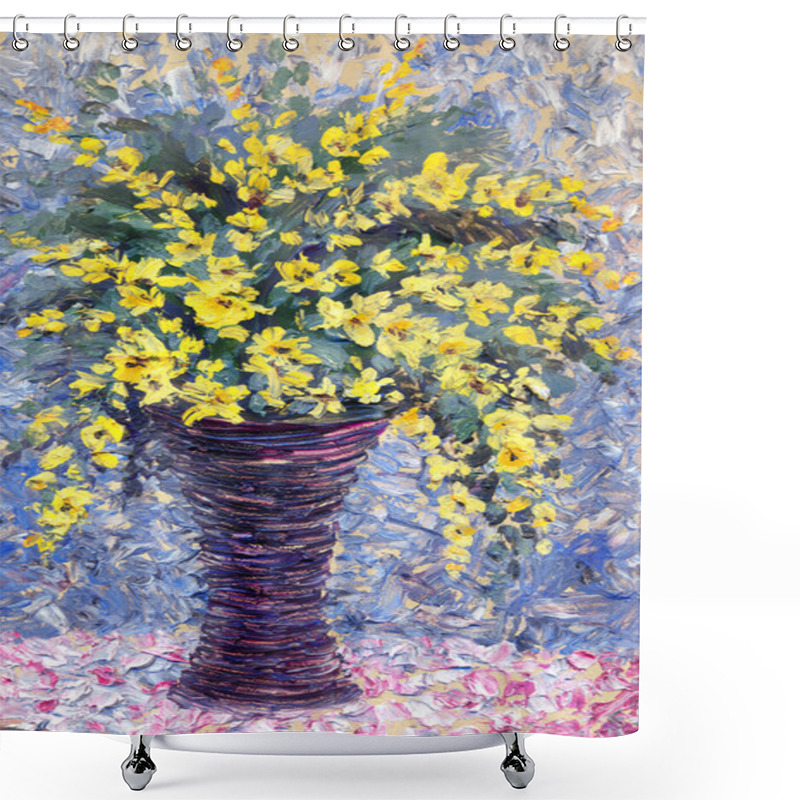 Personality  Still Life Oil. Bouquet Of Yellow Flowers In Purple Vase Shower Curtains