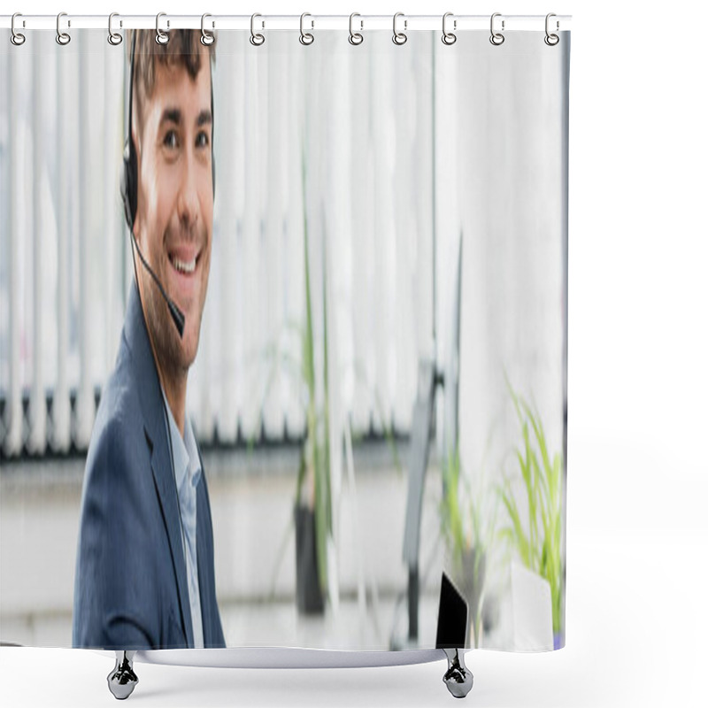 Personality  Smiling Call Center Operator In Headset Looking At Camera With Blurred Plants On Background, Banner Shower Curtains