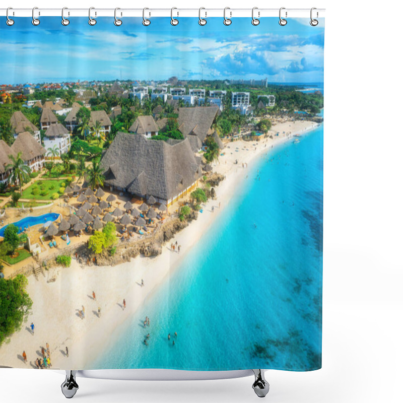 Personality  Aerial View Of Sandy Beach, Blue Sea, Bungalows, Green Palms, Umbrellas, Swimming People At Sunset. Summer Travel In Nungwi, Zanzibar Island. Tropical Landscape. Top Drone View Of Luxury Resort. Ocean Shower Curtains