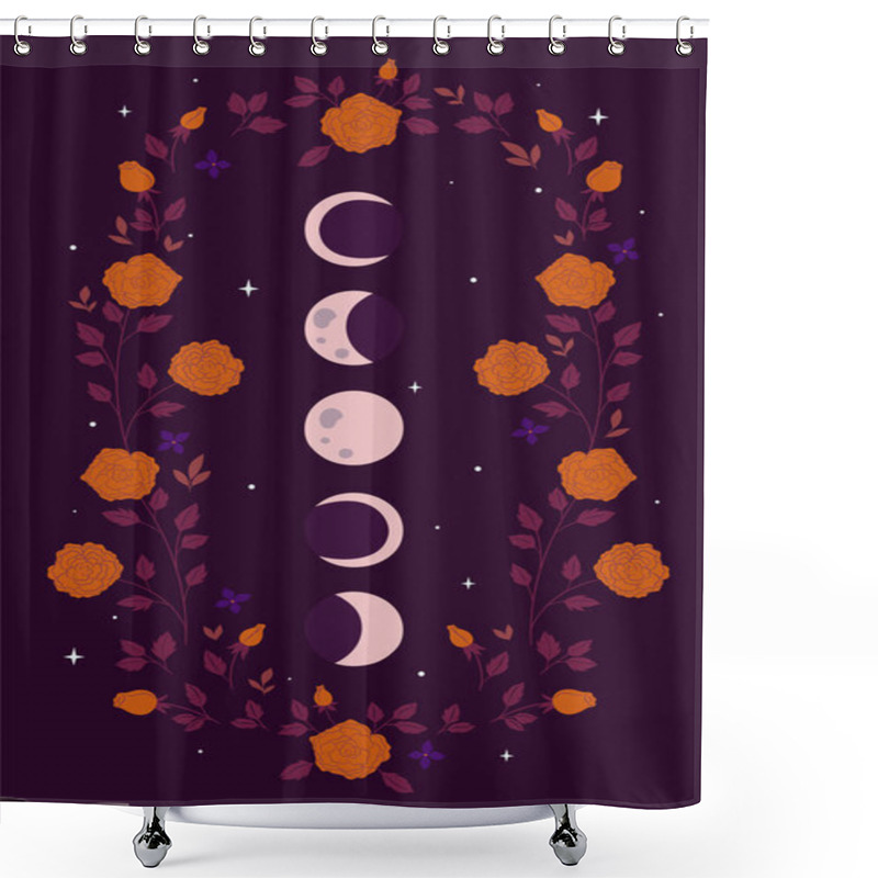 Personality  Moon Phases And Flowers On A Purple Background. Vector Image. Shower Curtains