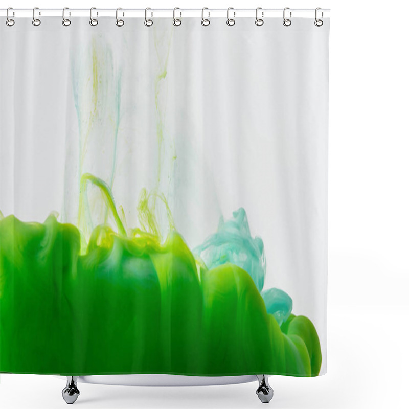 Personality  Close Up View Of Mixing Of Green And Bright Turquoise Paints Splashes In Water Isolated On Gray Shower Curtains