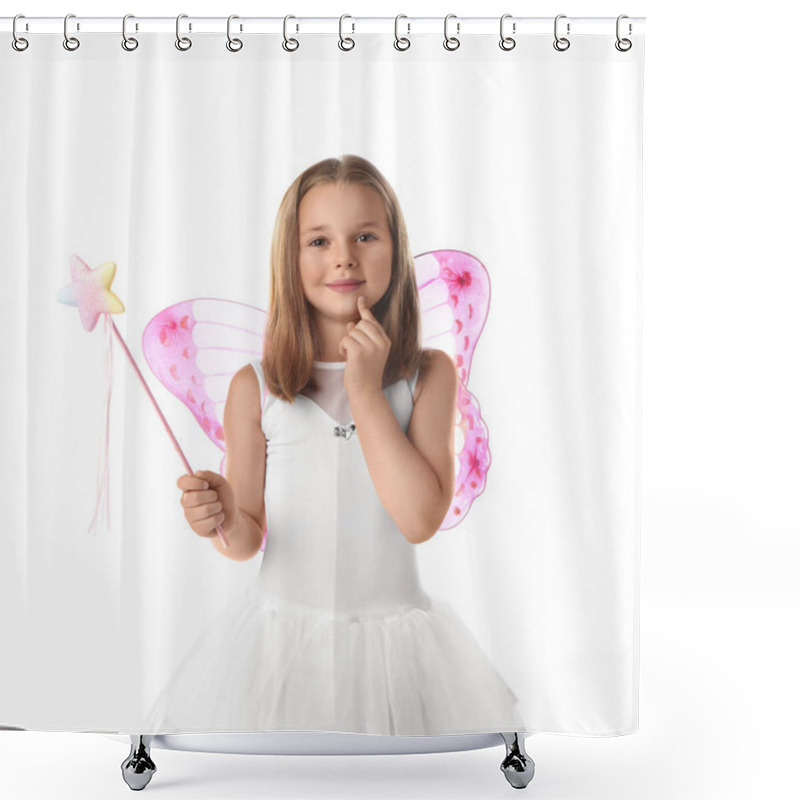 Personality  Cute Little Girl In Fairy Costume With Pink Wings And Magic Wand On White Background Shower Curtains