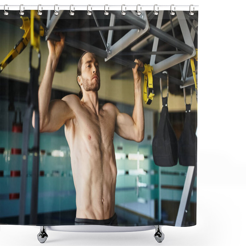 Personality  Shirtless Muscular Man Grips Gym Equipment, Focusing On Strength And Fitness Training. Shower Curtains