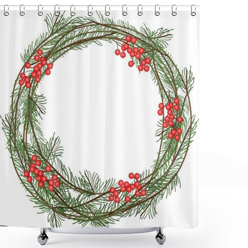 Personality  Christmas Wreath Of Fir Branches With Red Berries, Simple Flat Vector Illustration Shower Curtains