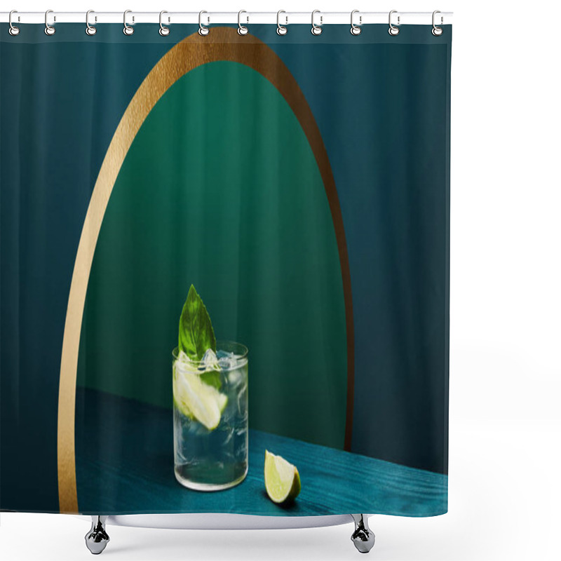 Personality  High Angle View Of Glass With Refreshing Drink With Lime, Ice Cubes And Mint Leaf On Wooden Surface On Geometric Blue And Green Background Shower Curtains