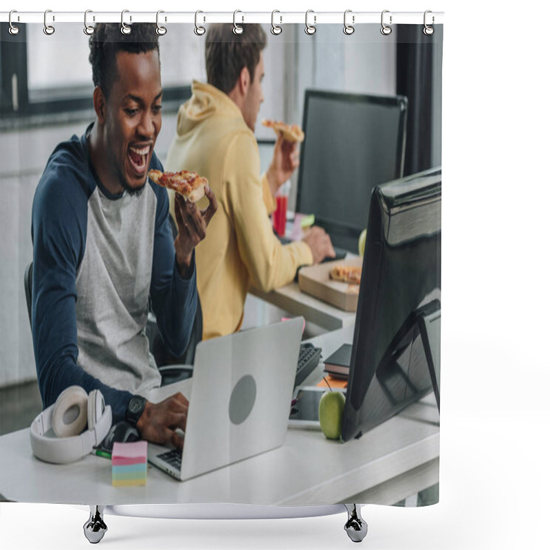 Personality  Two Multicultural Programmers Eating Pizza While Sitting Near Computers In Office Shower Curtains