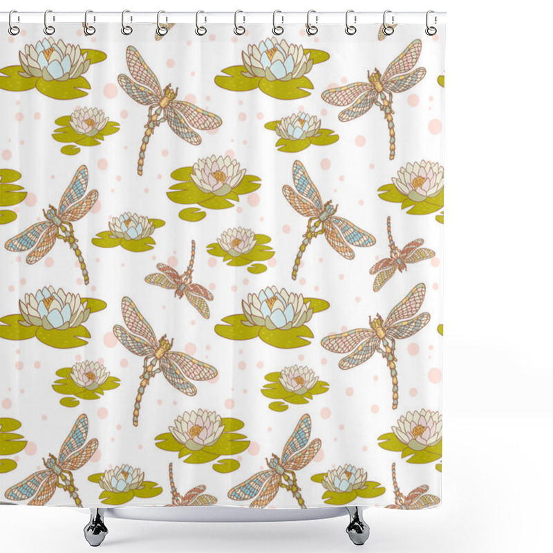 Personality  Dragonflies And Water Lilies Seamless Pattern Shower Curtains