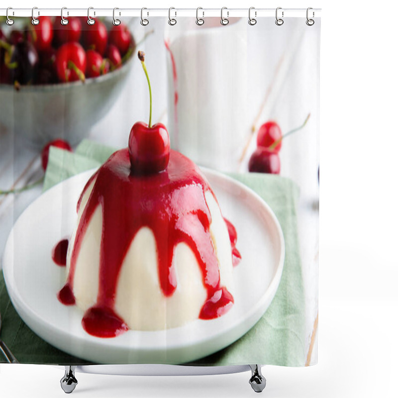 Personality  Italian Panna Cotta Dessert With Cherry Coulis On A White Wooden Table Shower Curtains