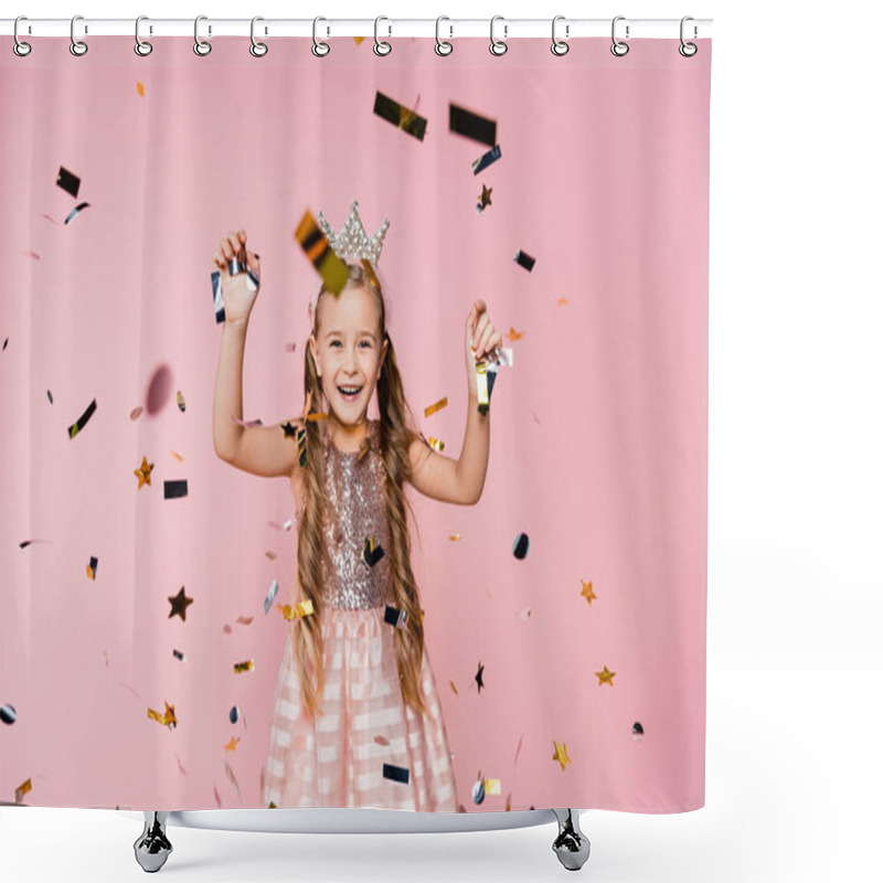 Personality  Cheerful Little Girl In Crown And Dress Near Falling Confetti On Pink  Shower Curtains