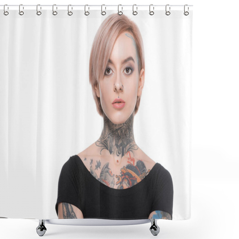 Personality  Beautiful Tattooed Girl With Pink Hair, Isolated On White Shower Curtains