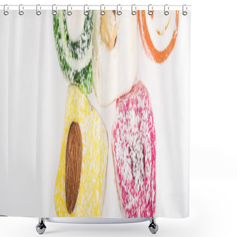 Personality  Top View Of Assorted Delicious Turkish Delight In Coconut Flakes Isolated On White, Panoramic Shot Shower Curtains