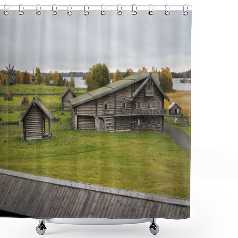 Personality  Karelia, Russia - August 27, 2019: Sunset Landscape With View Of The Transfiguration Church And Farm House On The Island Of Kizhi, Karelia Region, Russia In Raining Shower Curtains