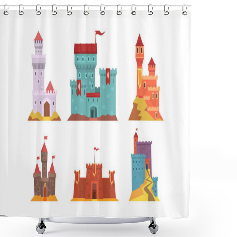 Personality  Medieval Fairytale Castles Collection, Ancient Fortified Fortresses And Palaces With Flags Vector Illustration Shower Curtains