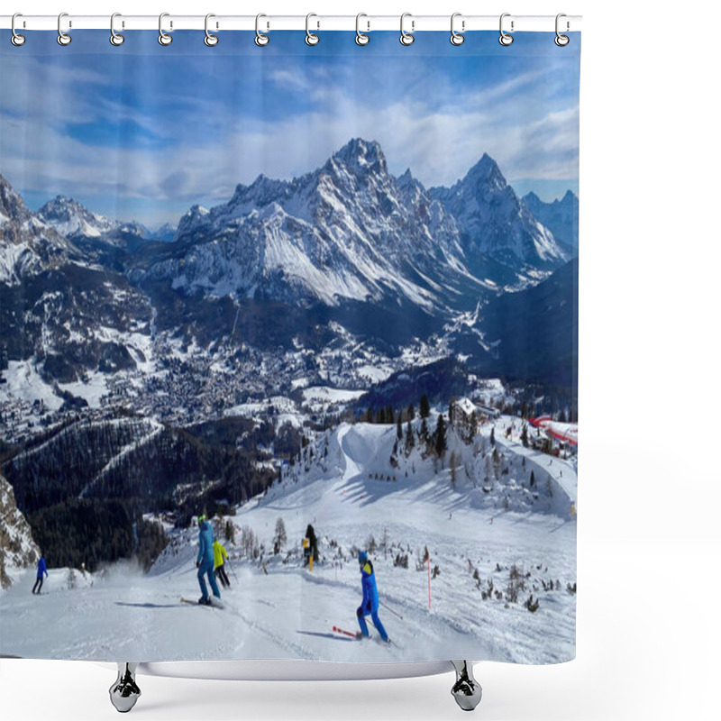 Personality  People Skiing With Panoramic View Of Ampezzo Valley And Monte Sorapiss Mountain And Antelao (right) In Winter Against Blue Sky Shower Curtains