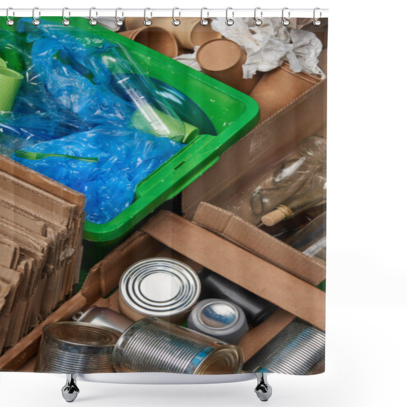 Personality  Sorted Trash Of Cardboard, Glass And Plastic Bottles, Polyethylene, Cups, Iron Cans Shower Curtains