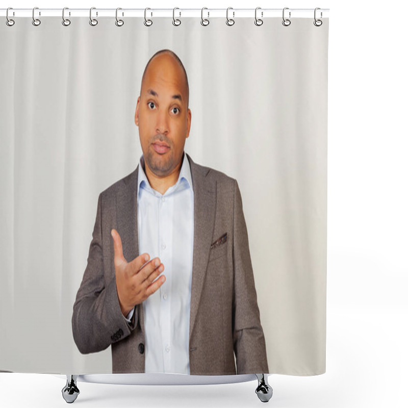 Personality  Young African American Guy Businessman Looking At The Camera With A Surprised Facial Expression And Gesturing With His Hand. Standing On A Gray Background Shower Curtains