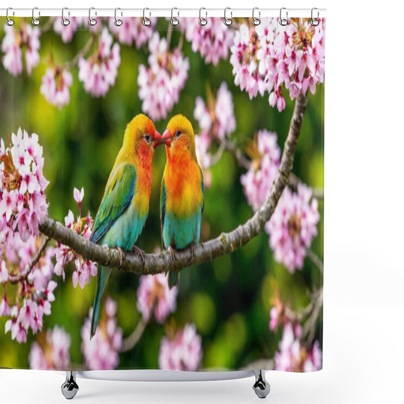 Personality  Two Lovebirds Perched On A Heart-shaped Tree Branch, Surrounded By Delicate Pink Flowers. Shower Curtains