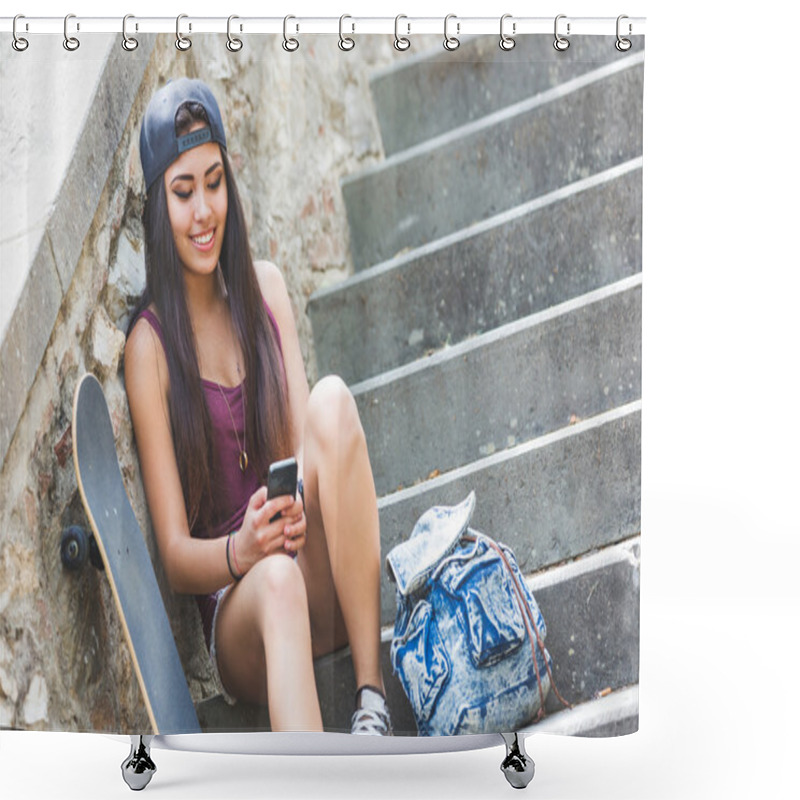 Personality  Portrait Of A Beautiful Skater Girl Looking At Smart Phone Shower Curtains