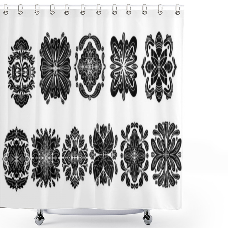 Personality  Set Of Patterns Symmetrical In Linocut Style With Slits Texture Print Black Element Vector Tile Pattern Shower Curtains