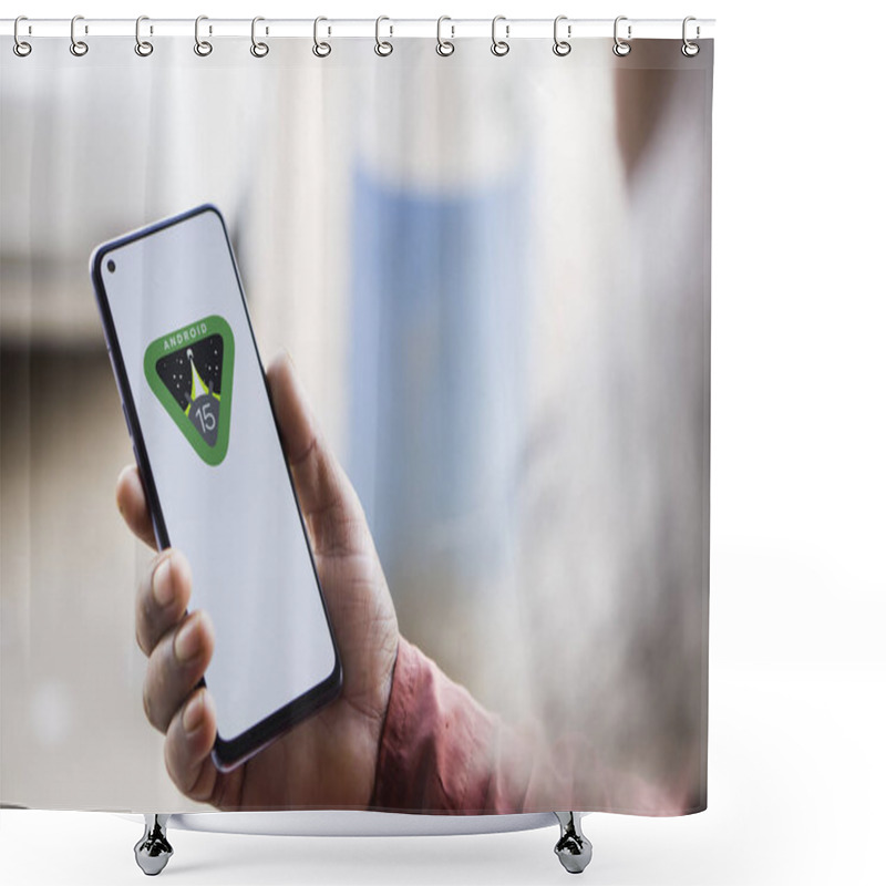 Personality  Dhaka, Bangladesh- 02 Apr 2024: Android 15 Logo Is Displayed On Smartphone. Android 15 Is An Upcoming Major Release Of The Android Mobile Operating System. Shower Curtains