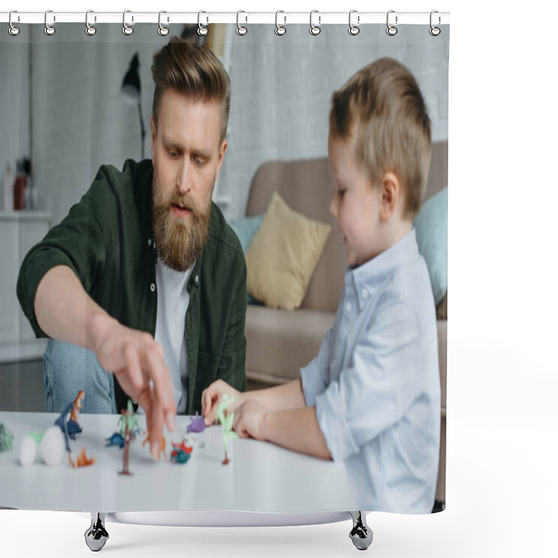 Personality  Father And Cute Little Son Playing With Various Toy Dinosaurs Together At Home Shower Curtains