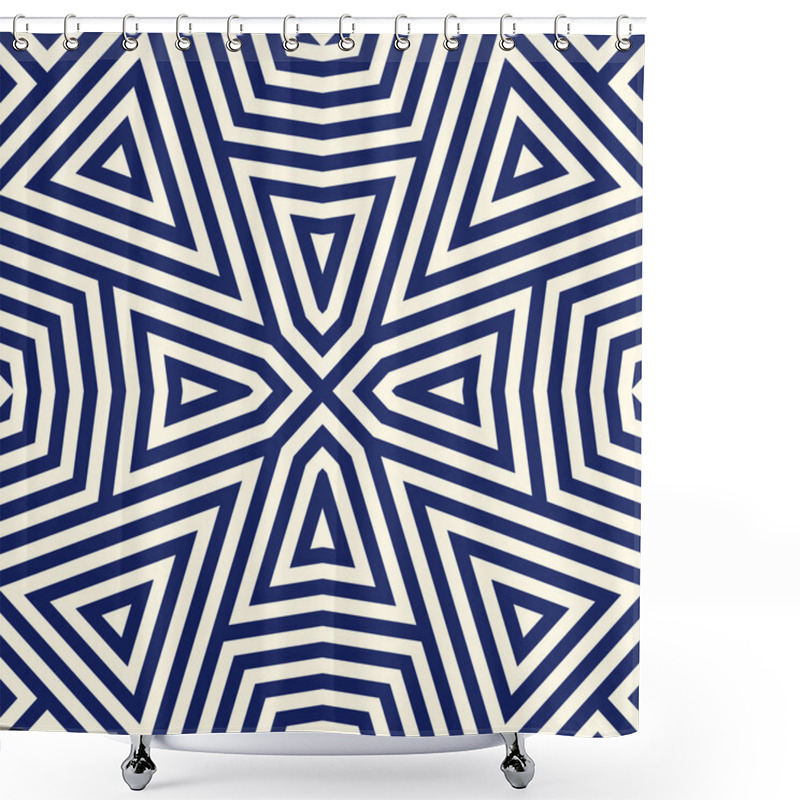 Personality  Seamless Pattern With Symmetric Geometric Ornament. Striped Navy Blue Abstract Background. Repeated Triangles Wallpaper. Shower Curtains