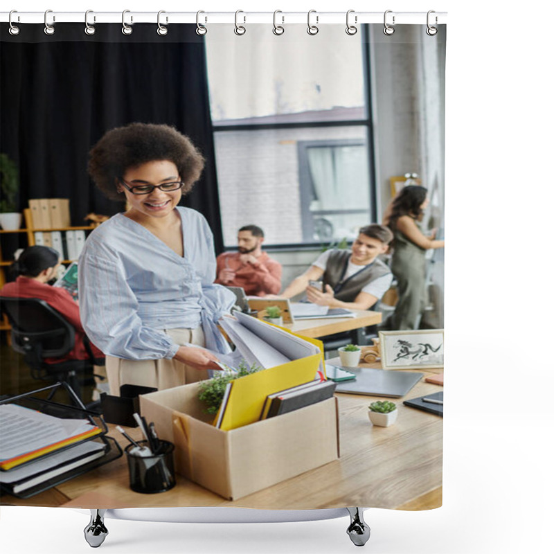 Personality  Professional African American Woman Packing Her Items During Lay Off, Colleagues On Backdrop. Shower Curtains