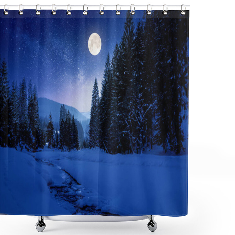 Personality  Frozen And Snow Covered Mountain River At Night Shower Curtains