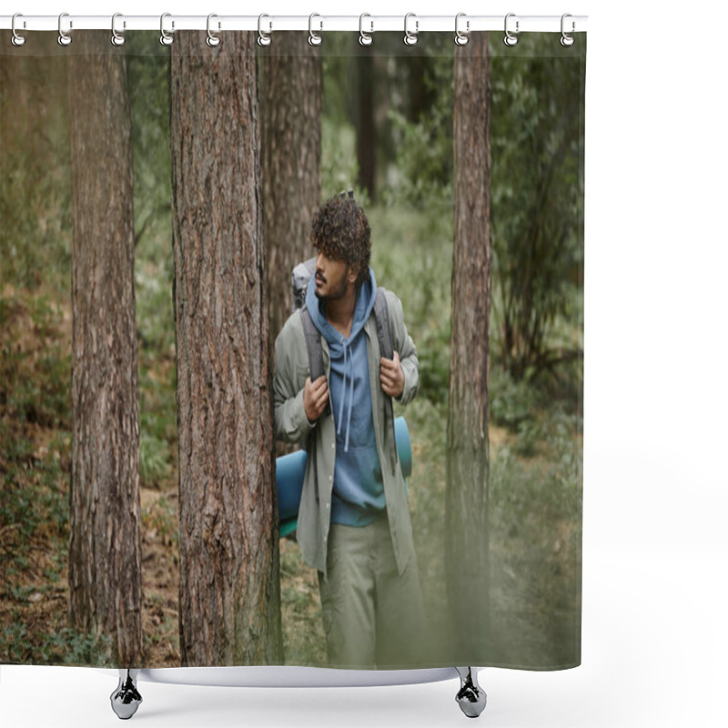 Personality  Curly Young Indian Traveler With Backpack Standing Near Tree In Forest Shower Curtains