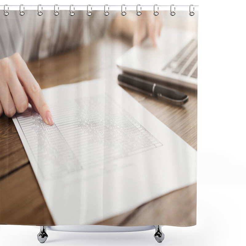 Personality  Woman Checking Document Details In Laptop Shower Curtains