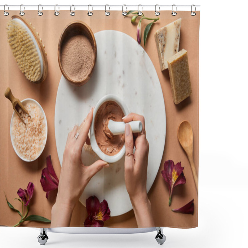 Personality  Cropped View Of Woman Mixing Clay In Bowl On Marble Circle Near Organic Cosmetic Ingredients On Beige Background With Scattered Flower Petals Shower Curtains