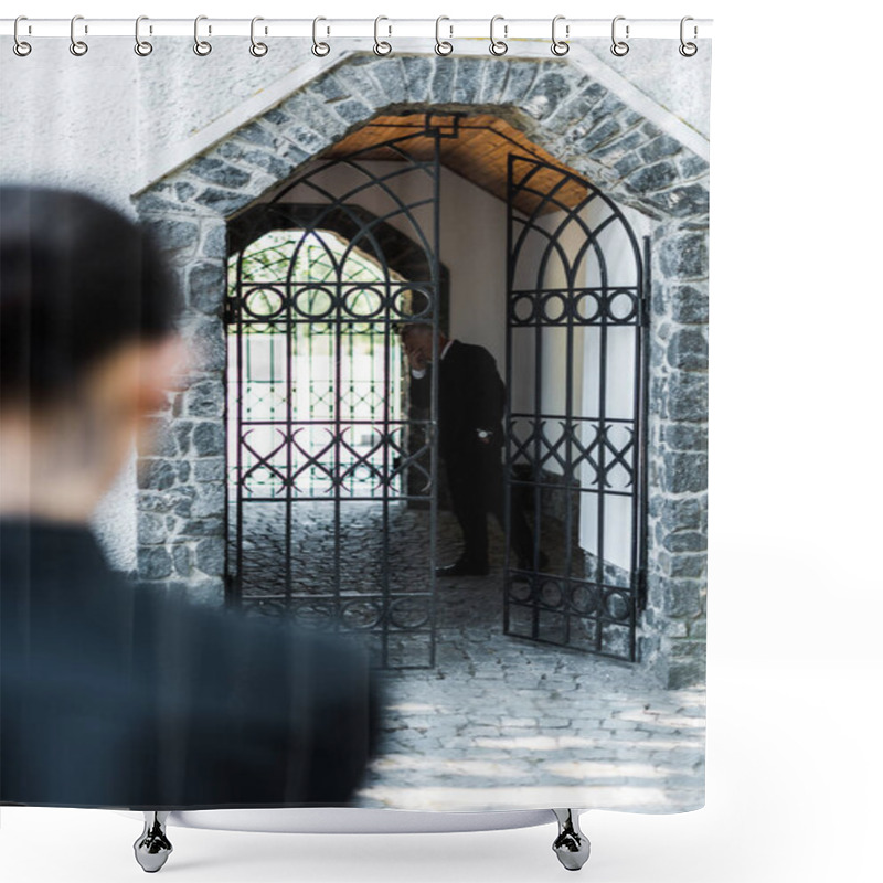 Personality  Selective Focus Of Sad Senior Man Standing In Building Near Woman In Cemetery  Shower Curtains